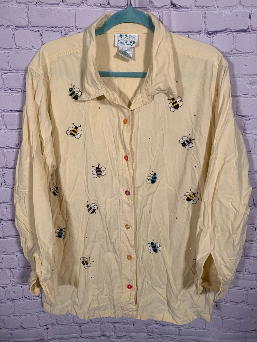 The Quacker Factory Womens Bee Embroidered Button Up Butter Yellow Sz 2X Casual